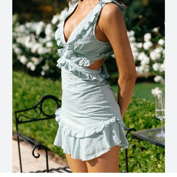 Altar'd State Green Ruffled Mini Dress Plunge Neckline - Picture 1 of 6